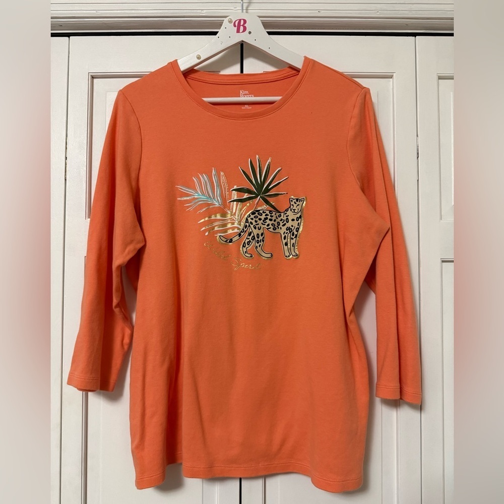 Kim Rogers Perfectly Soft 3/4 Sleeve Top 100% Cotton Leopard Size XL Mature - Picture 2 of 8